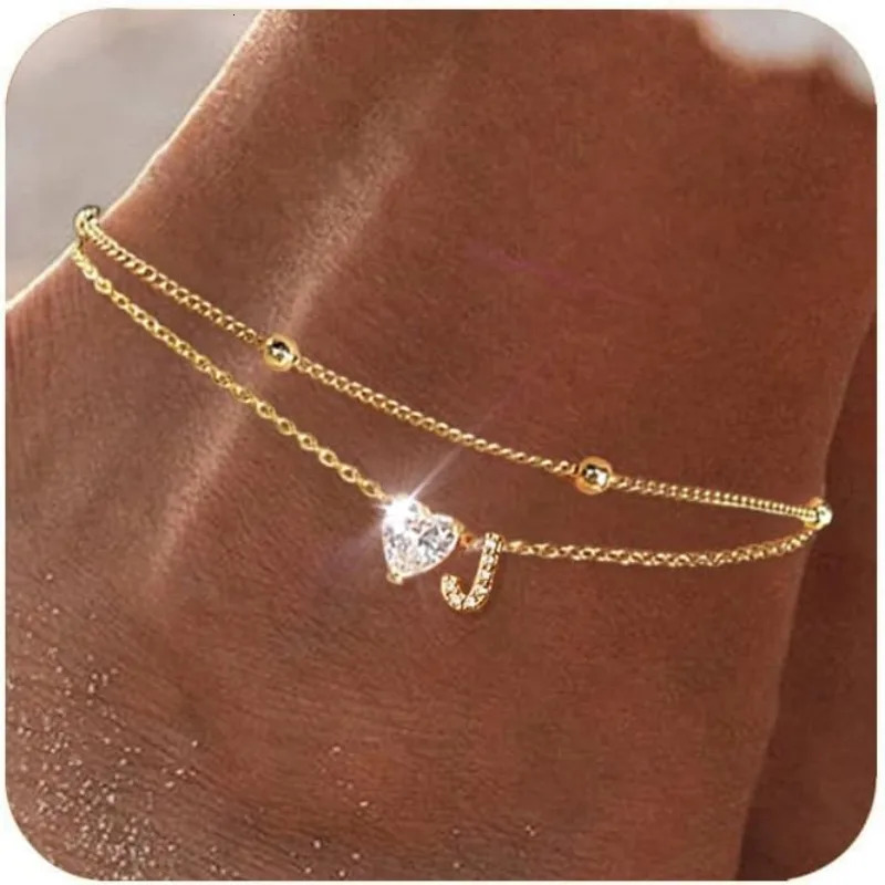 Ankle Bracelets for Women Waterproof 14K Gold Plated CZ Initial Dainty Layered Heart Anklets Foot Chain Summer Beach Jewelry 251226