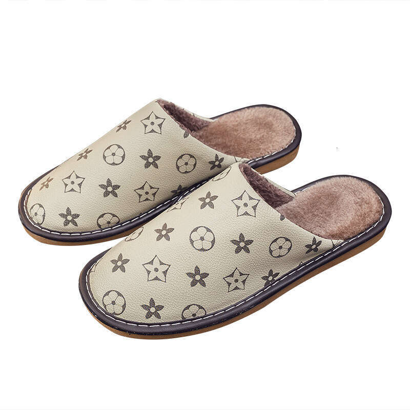Leather Cotton Men Thick Sole Indoor Home Waterproof Non-Slip Slippers for Women Autumn Winter