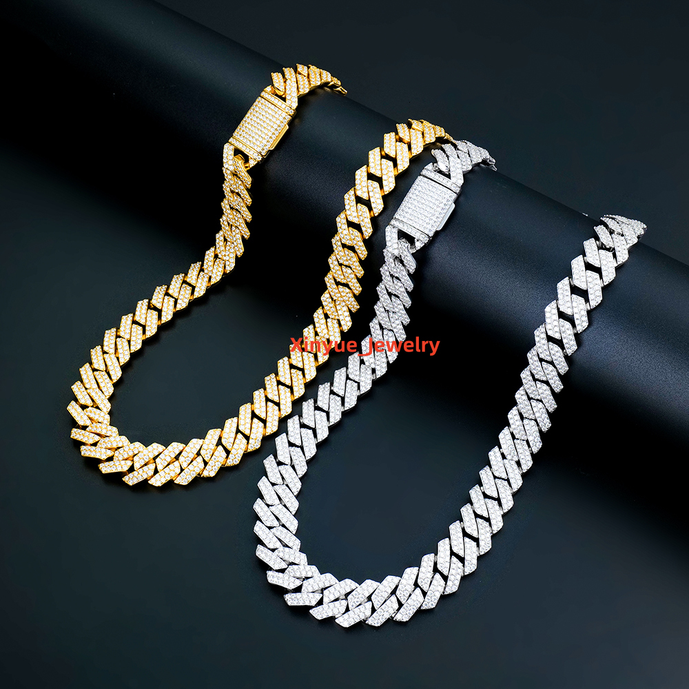 HipHop Iced Out Shiny Diamond 925 Sterling Silver Sharp Angled 14mm Moissanite Cuban Link Chain Hip Hop Jewelry for Men Gift