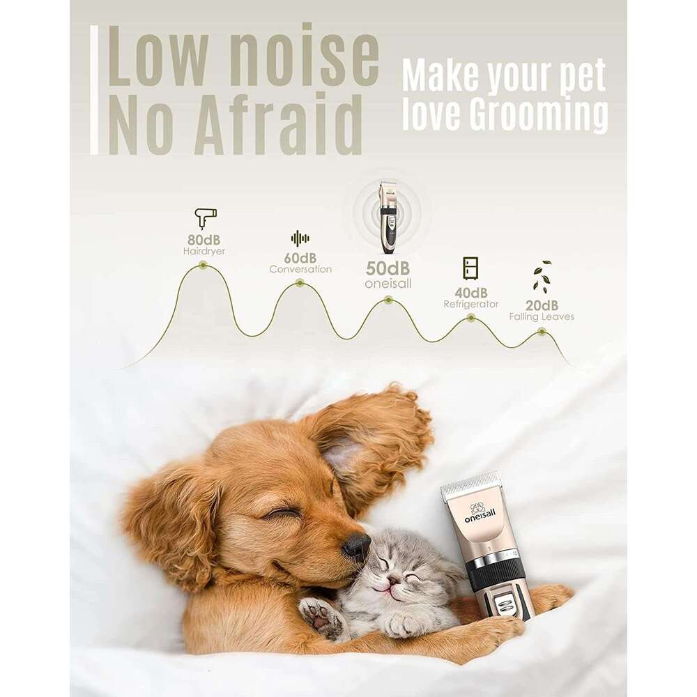 oneisall Low Noise, Dog Grooming Kit with Rechargeable, Pet Shaver Cordless Electric Quiet Hair Set for Dogs Cats PetsGold