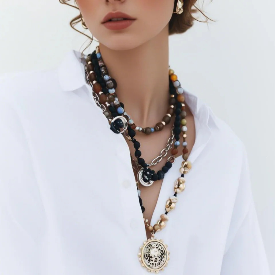 Vedawas Fashion Creative Multilayer Beads Pendant Necklace For Women Natural Stone Beaded Round Coin Drop Chain Necklace Gift 251224