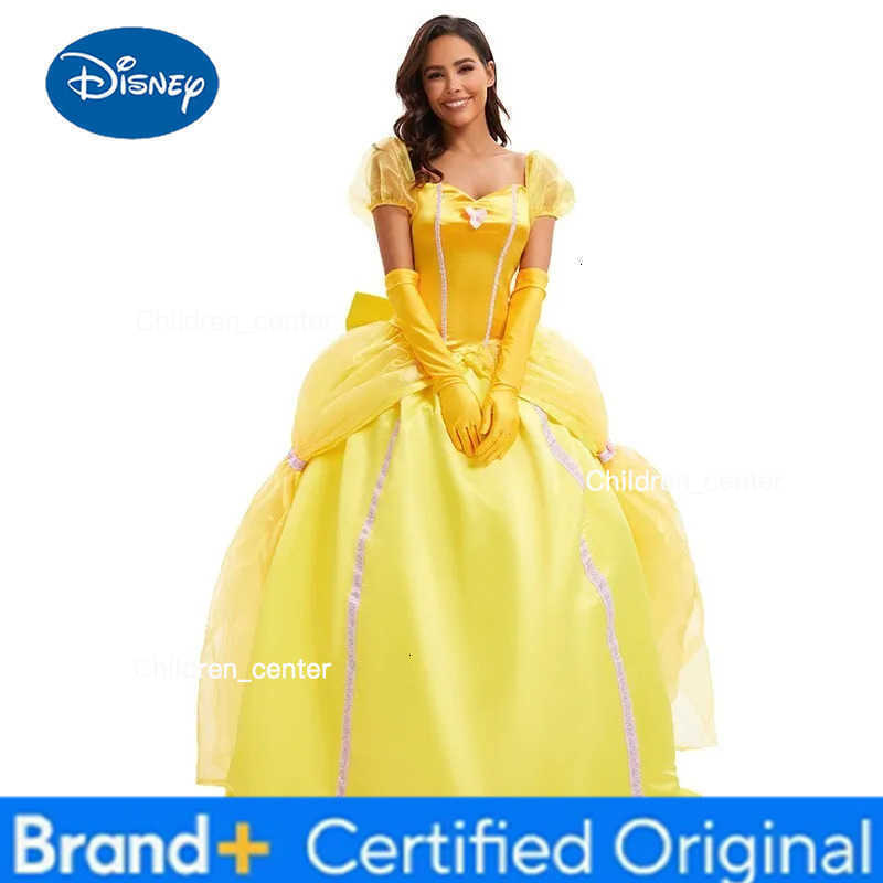 Disney Beauty And The Beast Bell Yellow Long Dress Halloween Costume Belle Princess Dress Masquerade Carnival Adult Belle Roles Suit H2512271