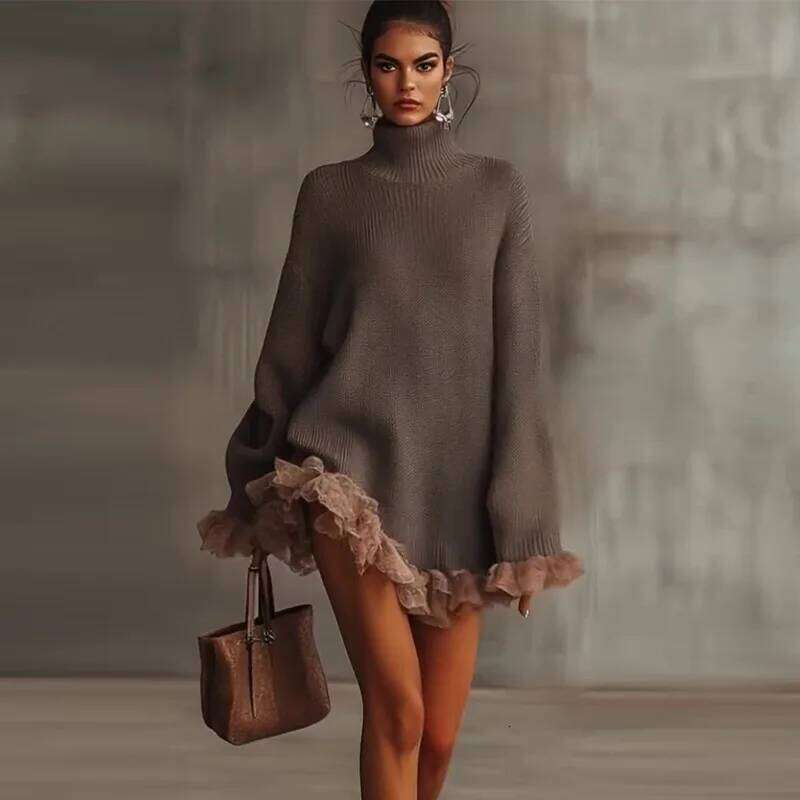 New Women Turtleneck Oversized Knitted Autumn Solid Long Sleeve Casual Elegant Mini Sweater Dress Winter Clothes