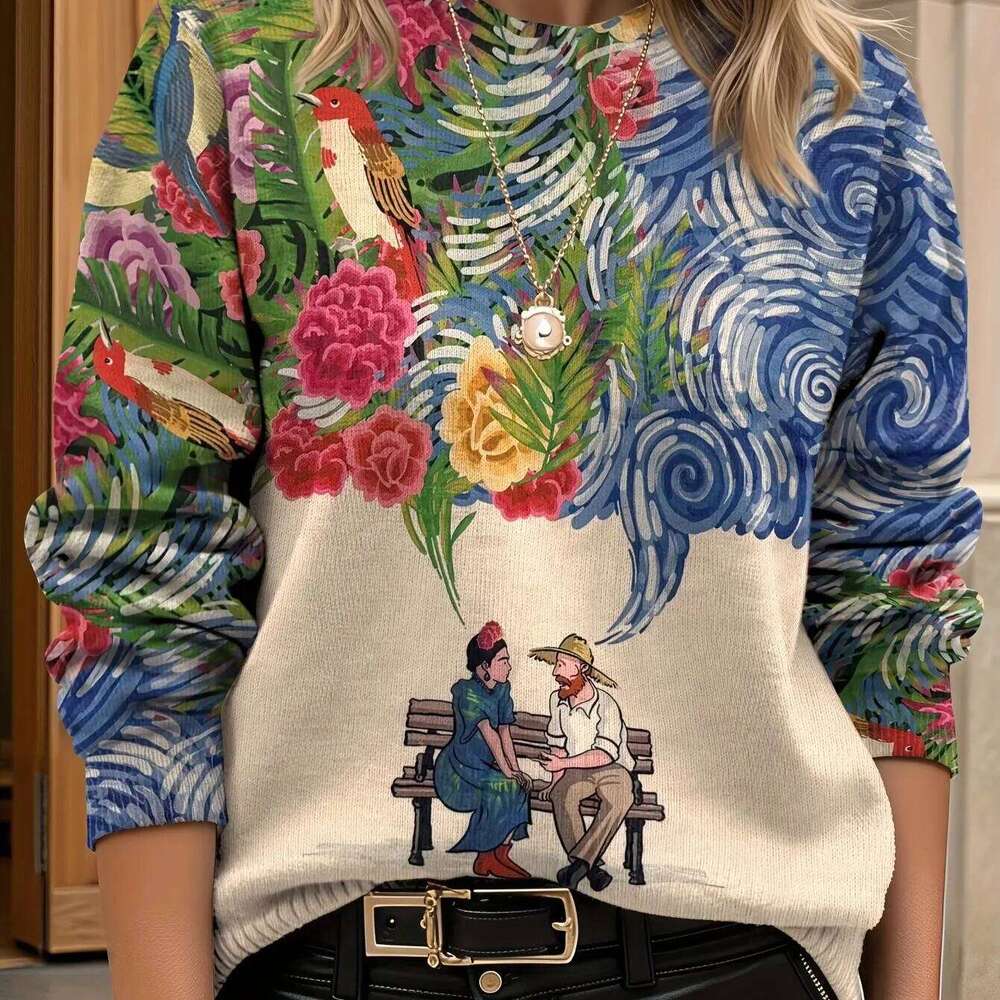 Fashion 2026 Women's Loose Round Floral Print Long Sleeve Crew Neck Sweater Elegant Style Casual Attire Versatile Fashion Sweat-Shirt Femme Luxe