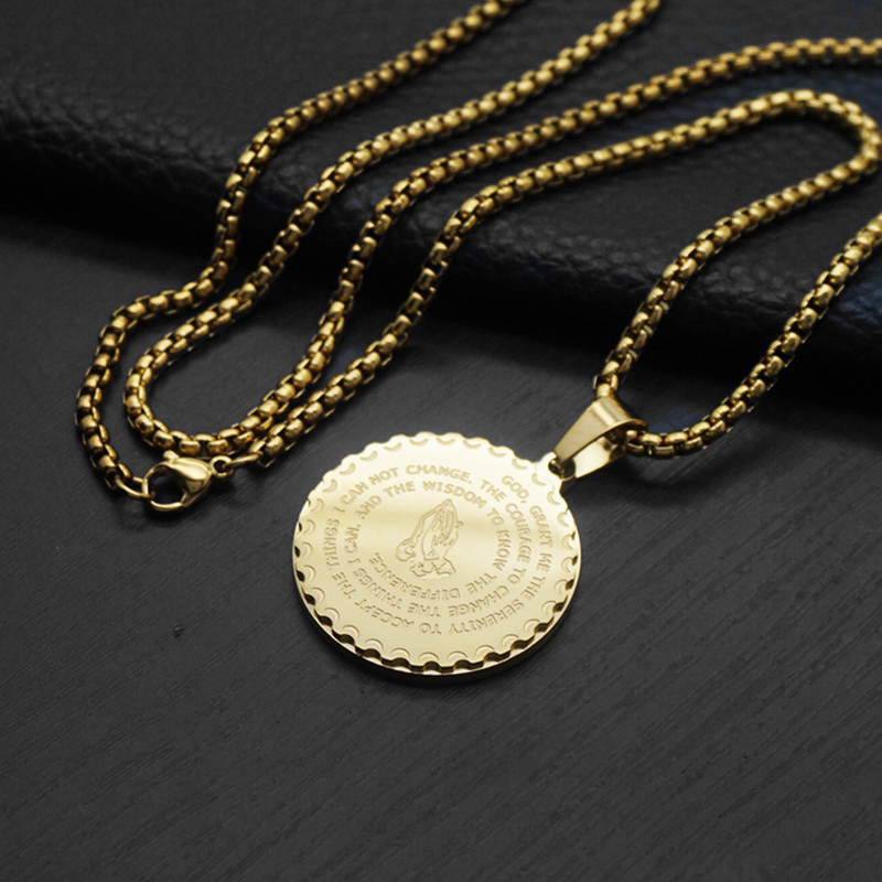 Retro Praying Hands And Bible Verse Double Sided Pendant Necklace with Chain For Mens 316L Stainless Steel 18K Gold Plated Jewelry