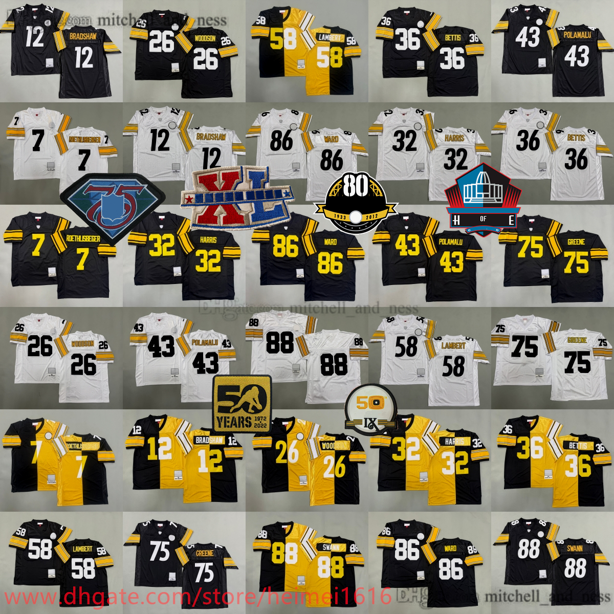 Custom S-6XL Throwback Football Franco Harris Jersey Rod Woodson Joe Greene Terry Bradshaw Hines Ward Jerome Bettis Lynn Swann Troy Polamalu Lambert Roethlisberger