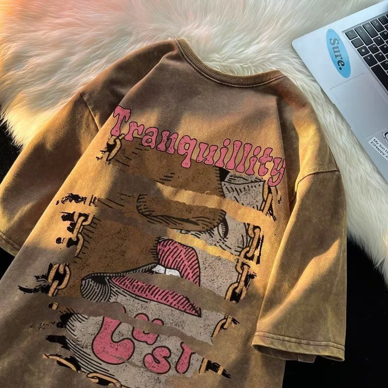 2026 Summer American Vintage Anime Print Washed T-shirt for Men, Lazy Style Couple Casual Tee