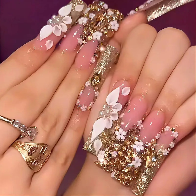 24Pcs Long French Square Head Press on False Nails 3D Blue Flower Rhinestone n Full Cover Fake Nails Tips Wele Manicure 251222