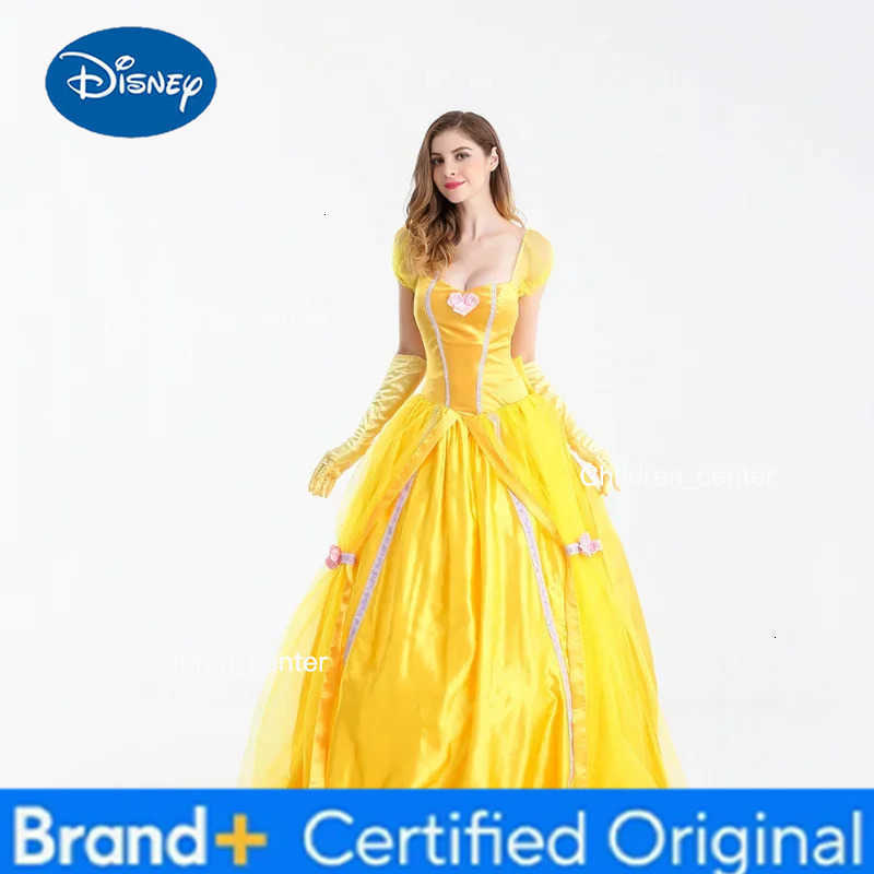 Disney Yellow Long Dress Halloween Costume Belle Princess Dress Masquerade Carnival Adult Belle Beauty And The Beast Roles Suit H2512271
