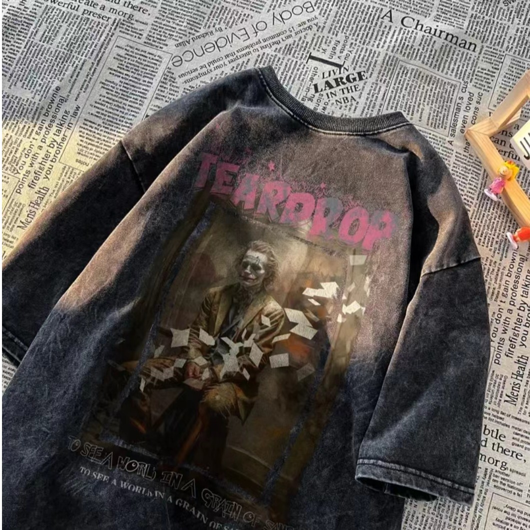 Heavyweight Washed Vintage T-shirt for Men, Summer Niche Design Gothic Butterfly Print Half Sleeve Tee