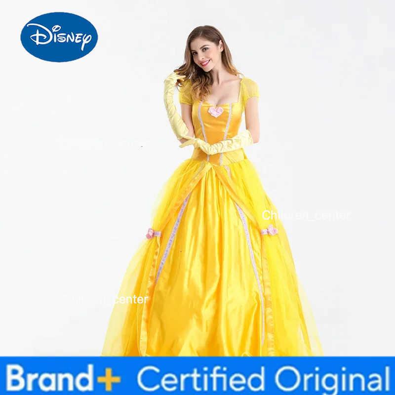 Disney Yellow Long Dress Halloween Costume Belle Princess Dress Masquerade Carnival Adult Belle Beauty And The Beast Roles Suit H2512271