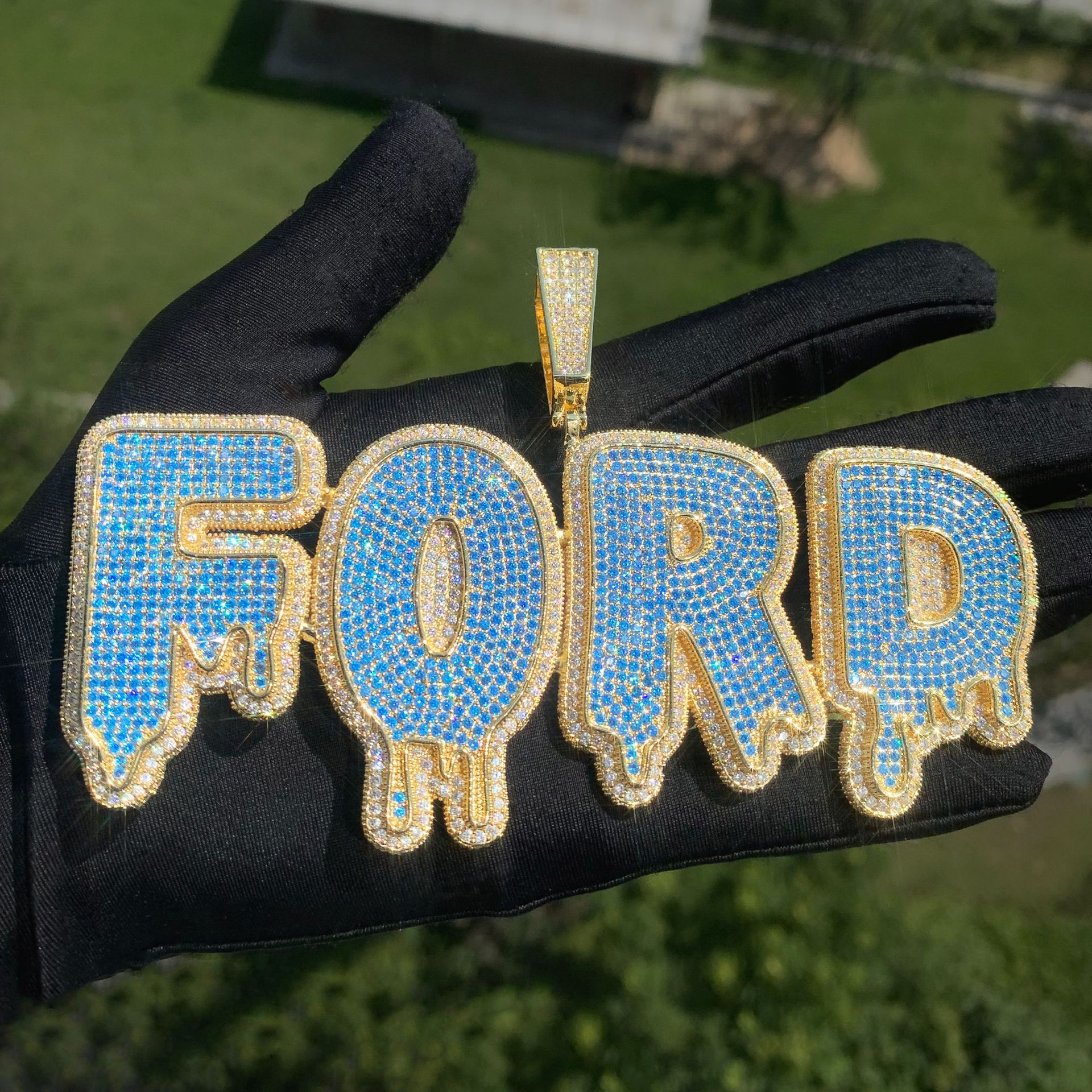 Hip Hop Custom A-Z WaterDrop Letters Pendant Necklaces Blue Zircon 18k Gold Plated Jewelry