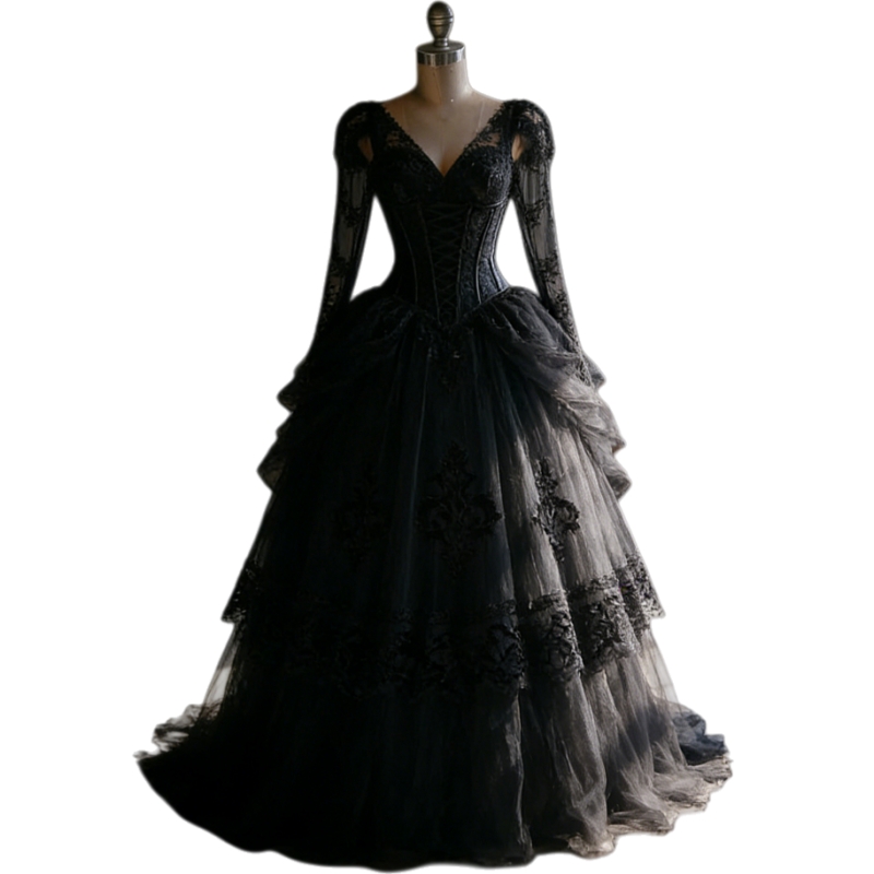 Gothic Black Wedding Dresses Long Sleeve Lace Appliques V-neck A-Line Vintage Victorian Bridal Gowns Ruched Tulle Vestidos De Novia