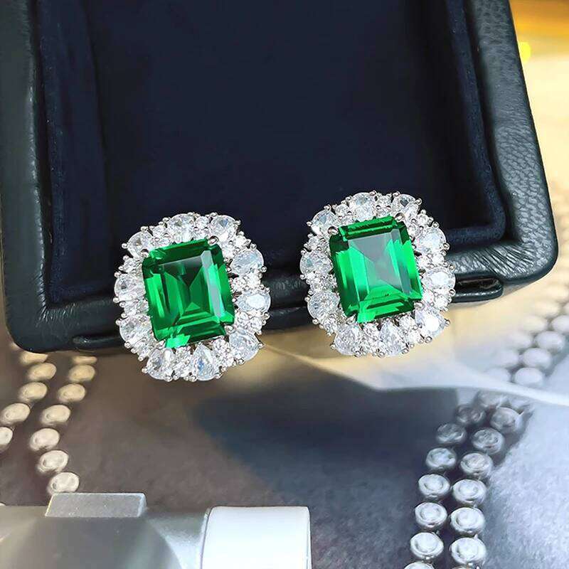 Huitan Rectangular Green Cubic Zirconia Stud Earrings Gorgeous Accessories for Women Wedding Party Temperament Female Jewelry