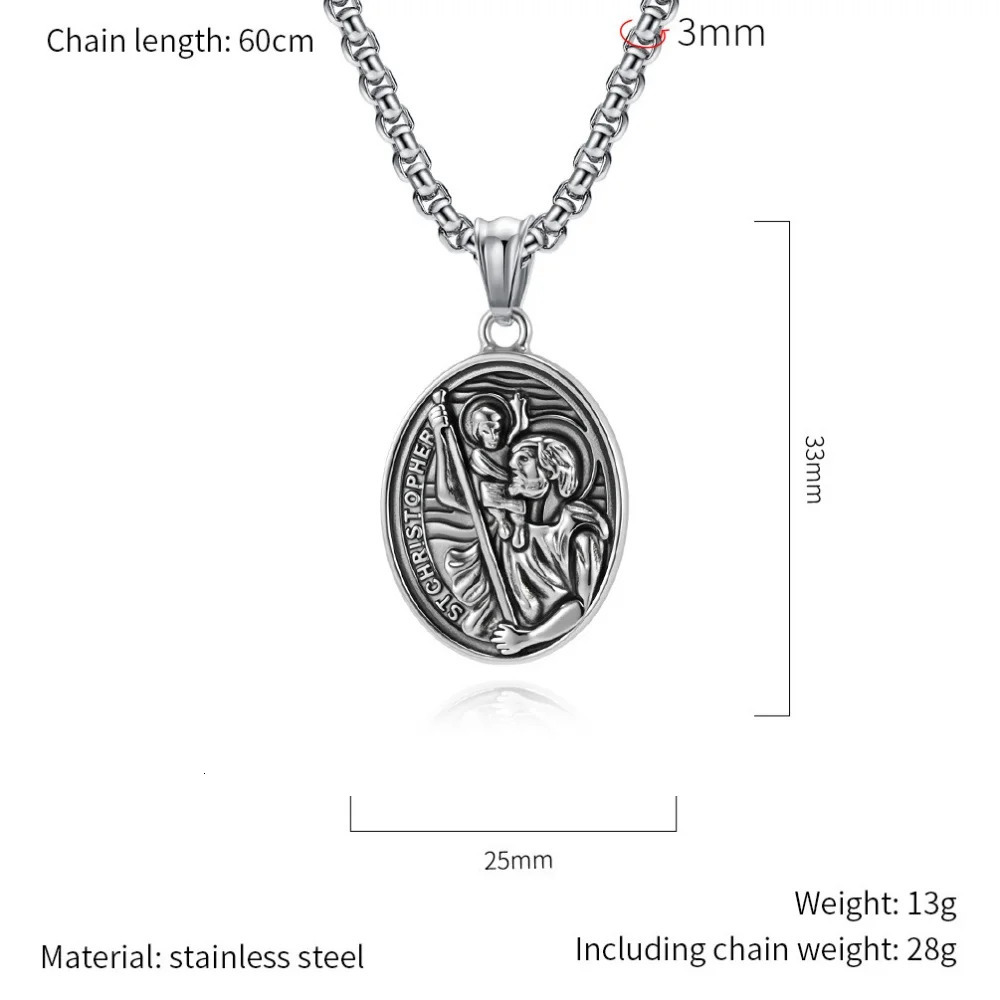 Religious St Christopher Protect Us Necklace For Men Stainless Steel Geometric Oval Pendant Collares Jewelry 251226