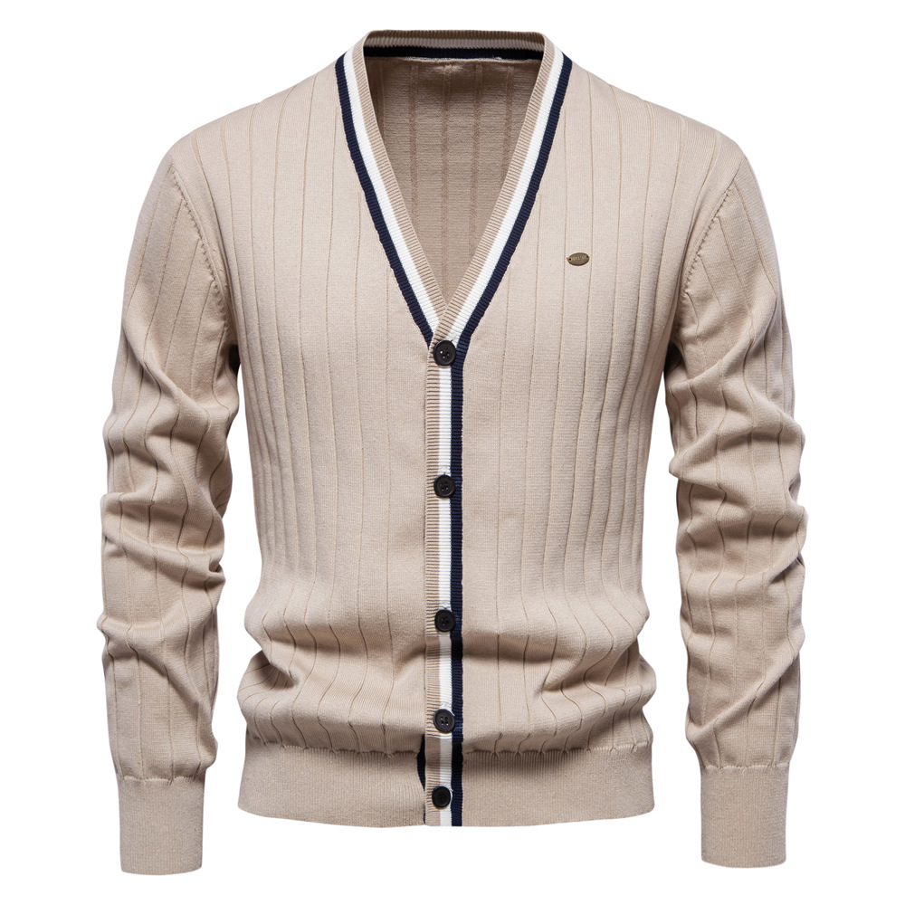 WOZK autumn and winter new cardigan men's V-neck long sleeved sweater trendy style contrasting border men's knitted jacket Men's Clothi