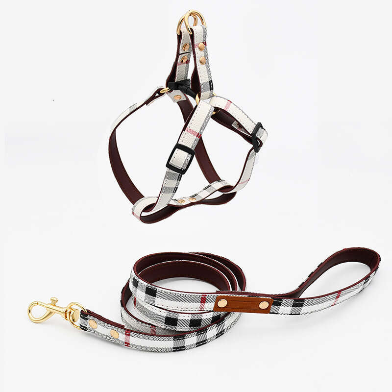 Pet Dog Harness Leash Collar Set Fashion Designer Cute Plaid Adjustable Vest Outdoor Travel Holiday Everyday Apparel for Small Medium Dogs Cats