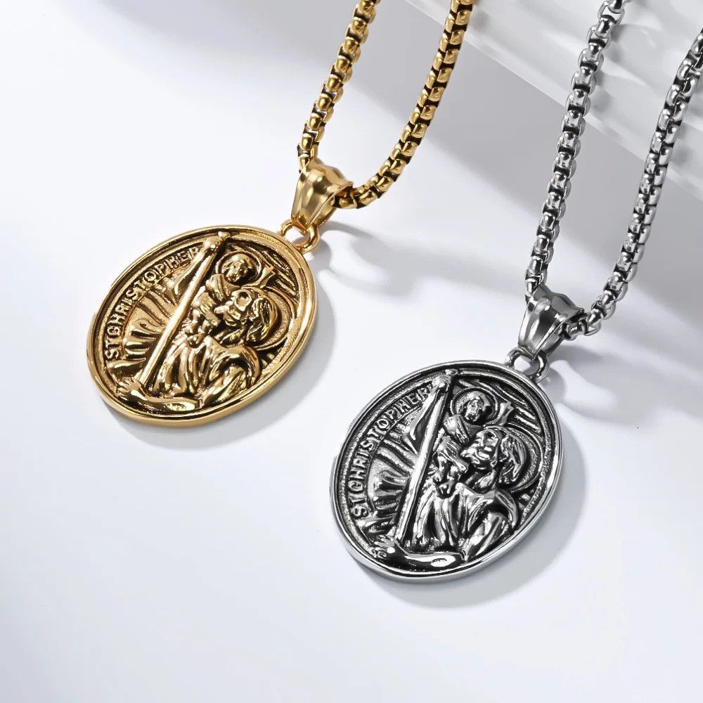 Religious St Christopher Protect Us Necklace For Men Stainless Steel Geometric Oval Pendant Collares Jewelry 251226