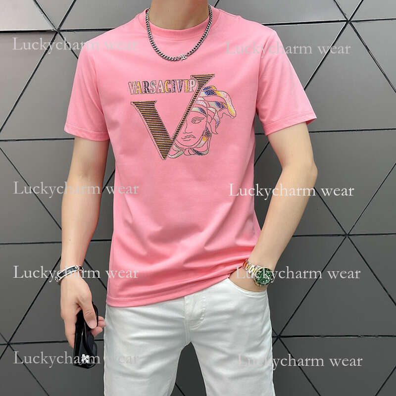 Real Shot Summer New European Style Letter Heat-Printed Short Sleeve Men's Slim Fit T-Shirt
