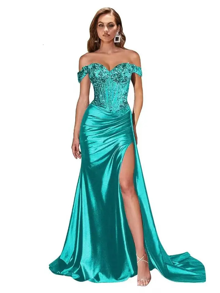 Dark Navy High Side Slit Sexy Prom Dresses Sweetheart Beaded Lace Formal Evening Party Gowns Off Shoulder Corset 2025 Customized 251219