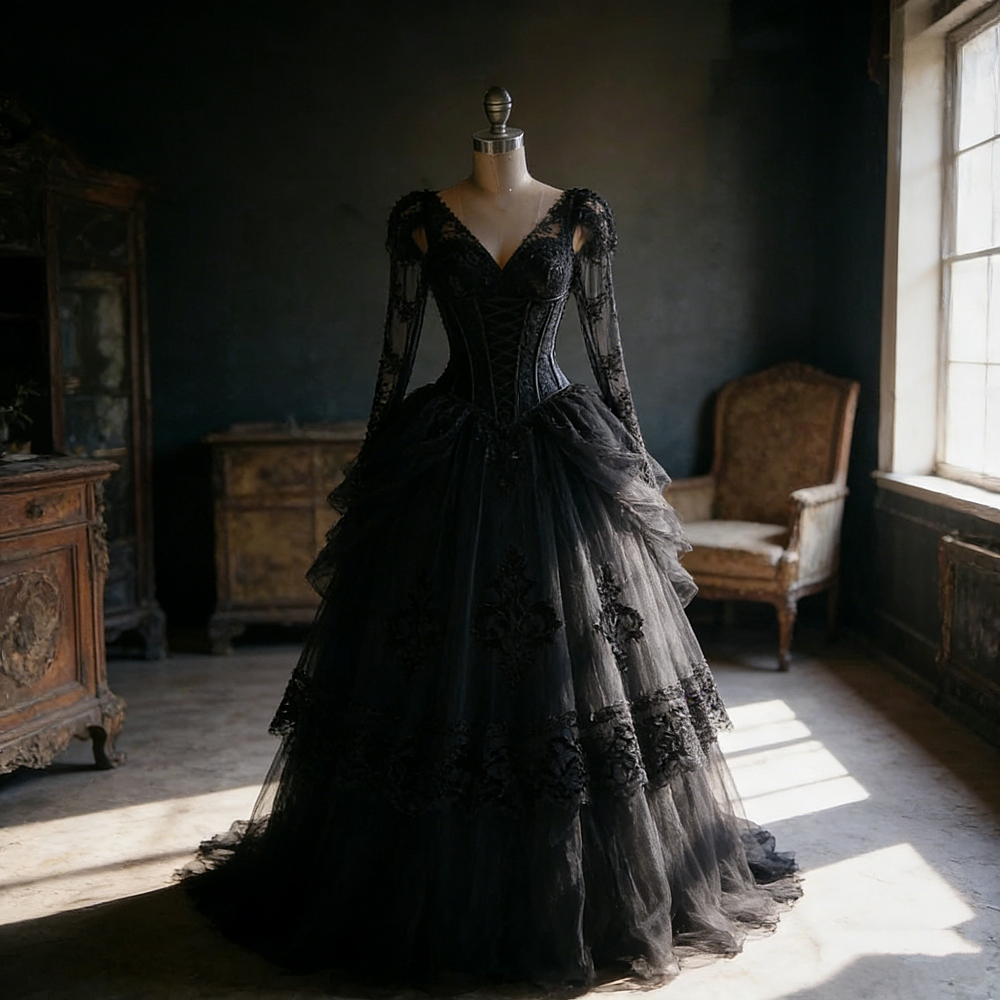 Gothic Black Wedding Dresses Long Sleeve Lace Appliques V-neck A-Line Vintage Victorian Bridal Gowns Ruched Tulle Vestidos De Novia