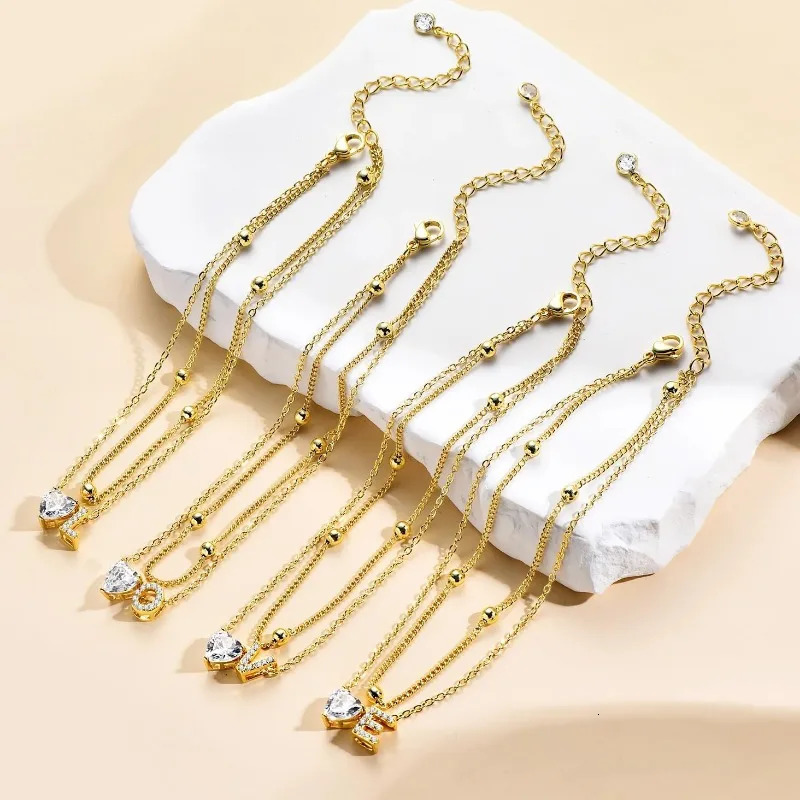Ankle Bracelets for Women Waterproof 14K Gold Plated CZ Initial Dainty Layered Heart Anklets Foot Chain Summer Beach Jewelry 251226