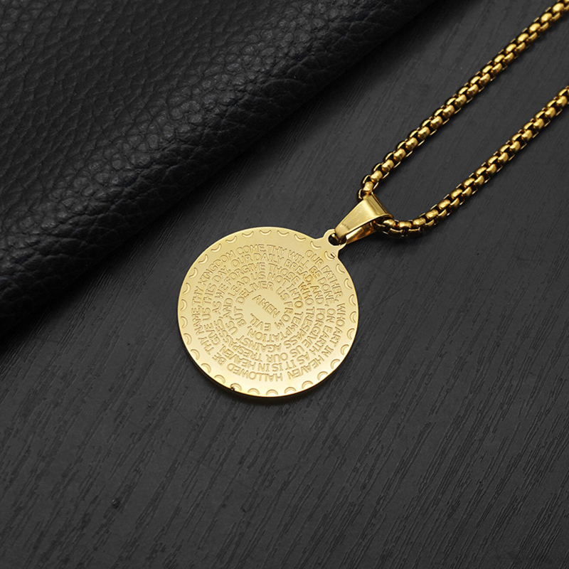 Retro Praying Hands And Bible Verse Double Sided Pendant Necklace with Chain For Mens 316L Stainless Steel 18K Gold Plated Jewelry