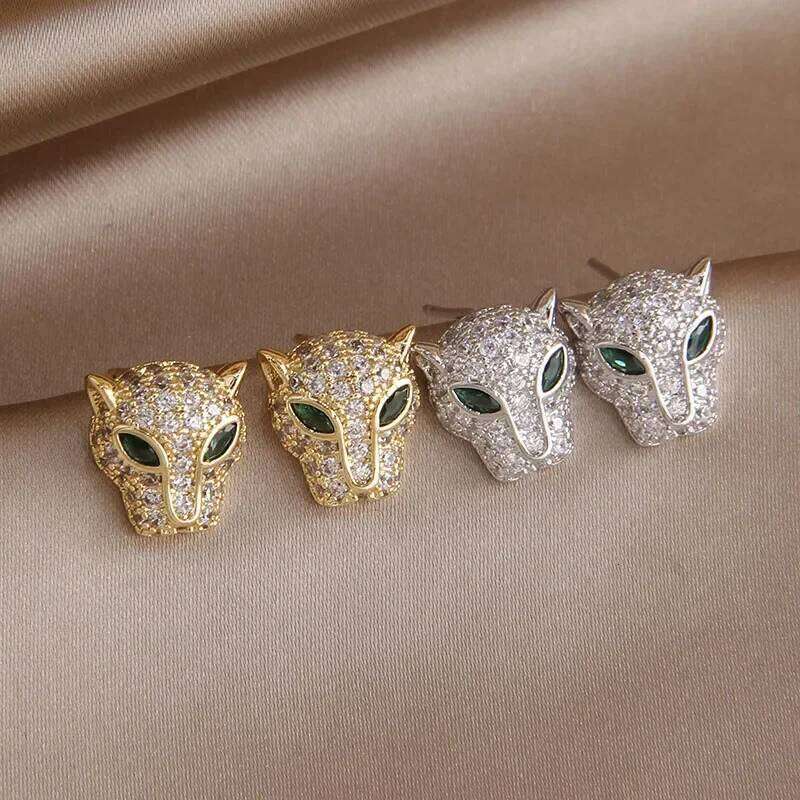 New Sight Luxury Zirconia Leopard Stud Earrings for Women Crystal Animal Charm Pendant Necklaces Open Rings Fashion Jewelry Set
