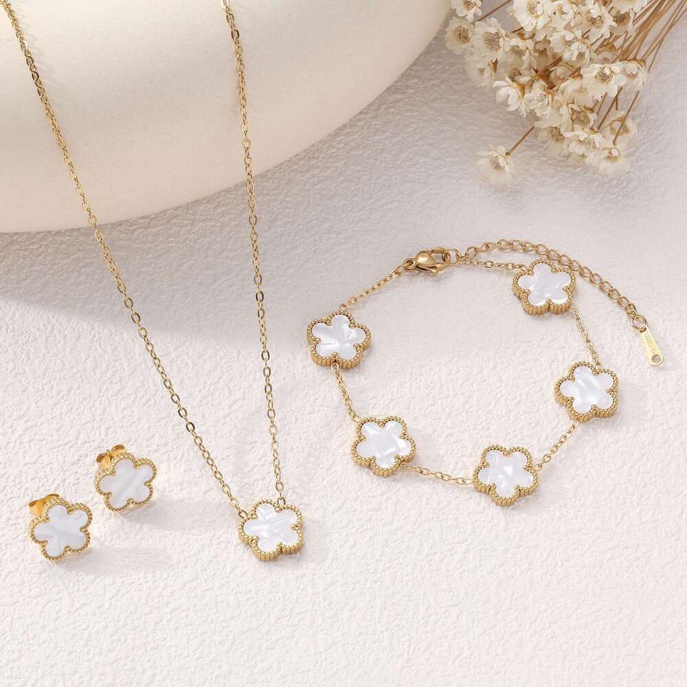 Five-Leaf Clover Five-Flower Bracelet Necklace Earrings Three-Piece Set Light Luxury High-End Jewelry