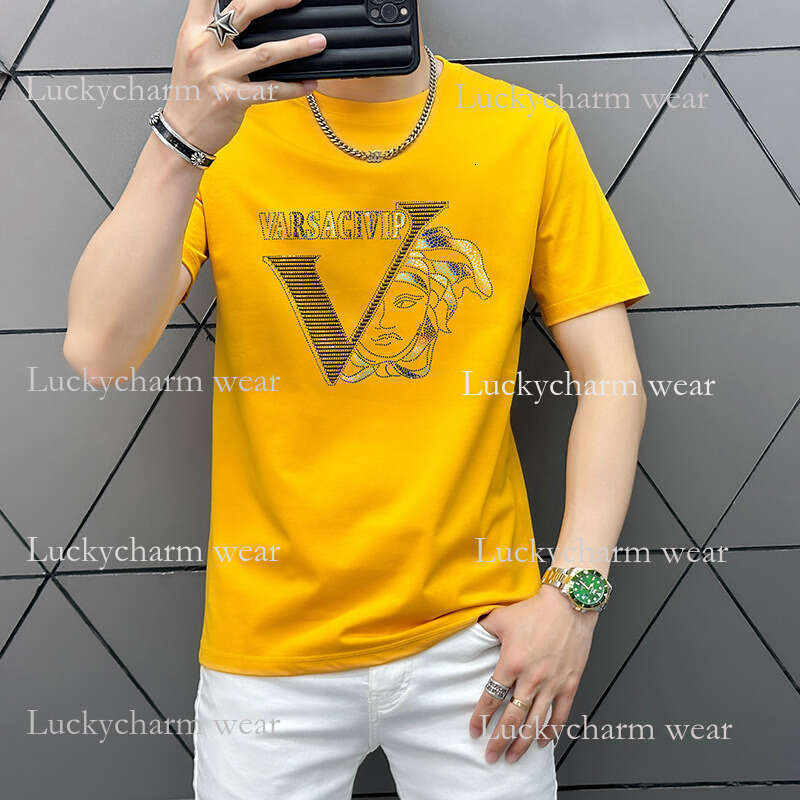 Real Shot Summer New European Style Letter Heat-Printed Short Sleeve Men's Slim Fit T-Shirt