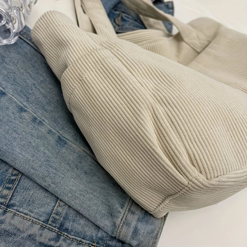 Womens Casual Corduroy Tote Bag Striped Shoulder Bag with Fixed Straps Zipper Large Capacity Handbag for Daily Outings and Shop251222