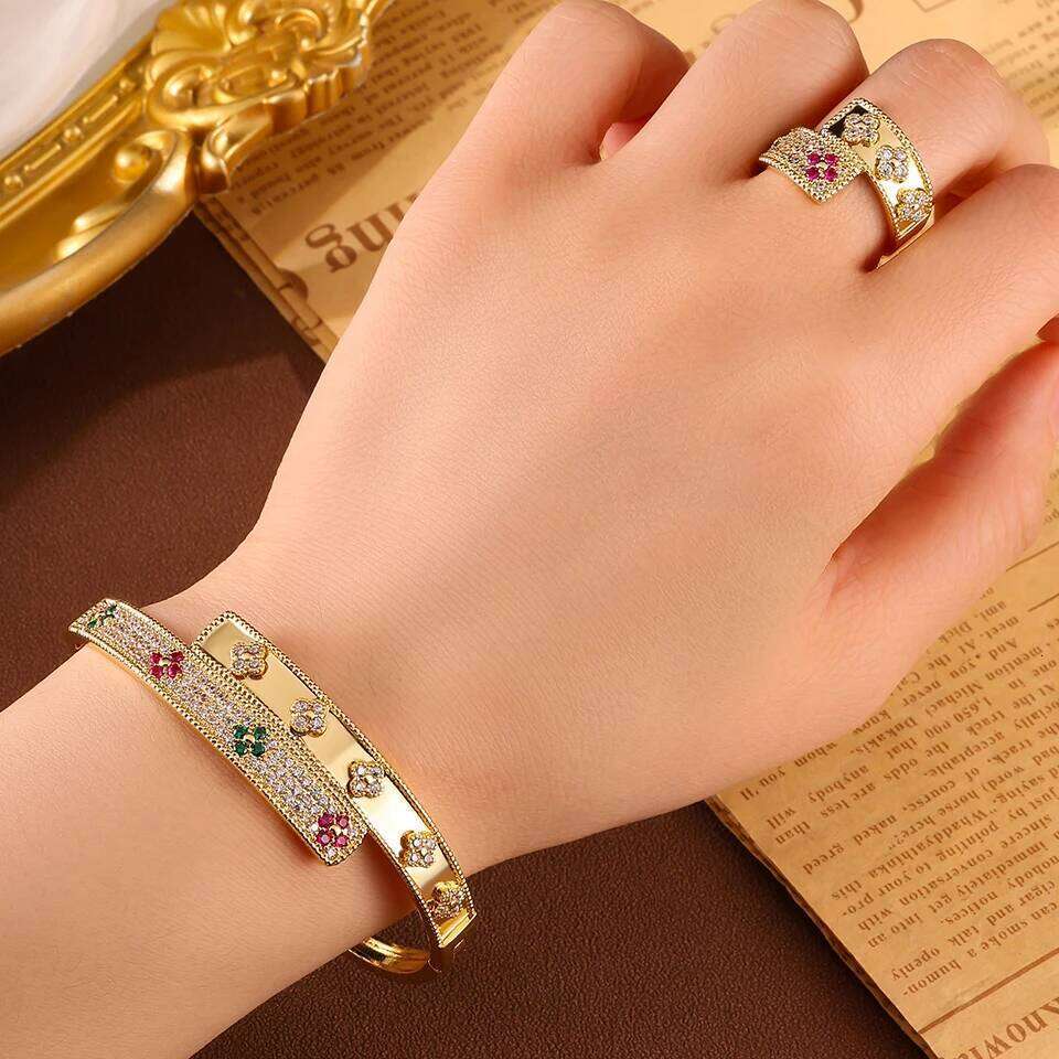 ZAKOL Gorgeous Full Shiny Zircon Hug Bracelet Ring Set for Women Colorful CZ Four-leaf Flower Wedding Party Jewelry