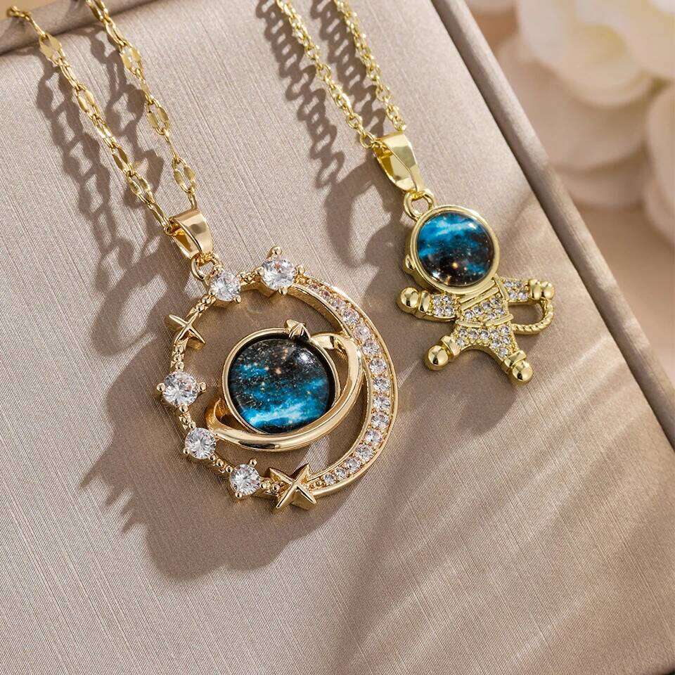 ZAKOL 2Pcs/Set Planet Universe Moon Series CZ Pendant Necklace Sliver Gold Color Titanium Steel Chain Choker Jewelry Gift
