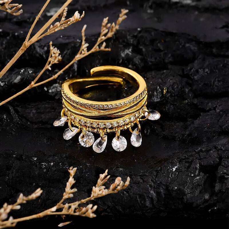 ZAKOL Fashion Multi Layers Water Drop Zircon Tassel Statement Rings For Women Exquisite Adjustable Open Ring Gift