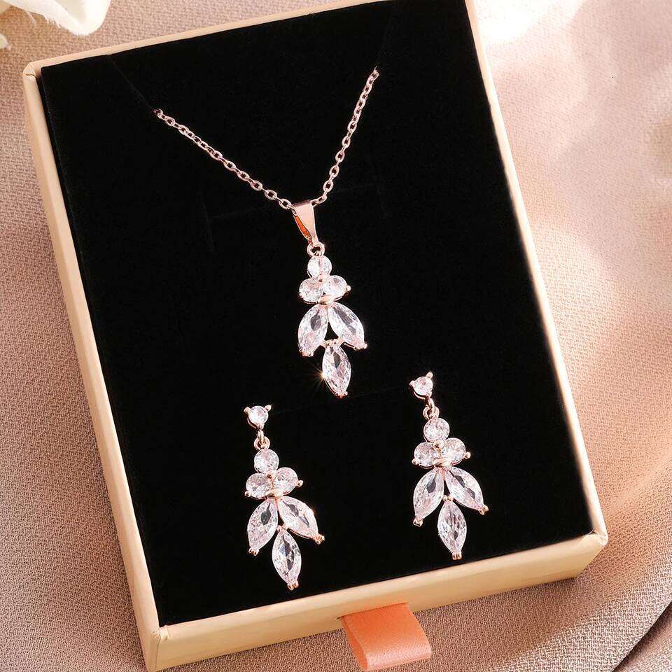 ZAKOL Classic Marique Leaf AAA Zircon Earrings Necklace Wedding Set With Pink Box Birthday Christmas Jewelry Gift