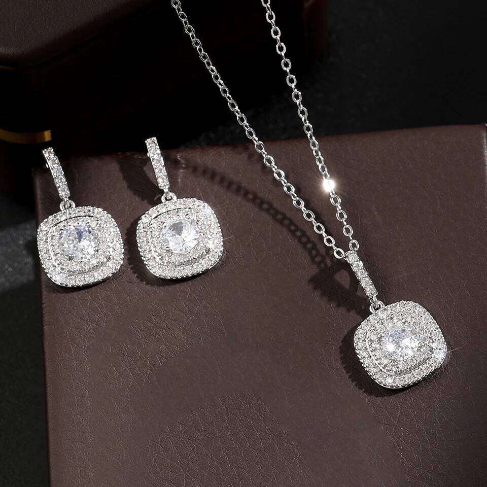 ZAKOL Classic Geometric Cubic Zirconia Earring Necklace Set for Women Shiny Zircon Square Sliver Color Wedding Party Jewelry