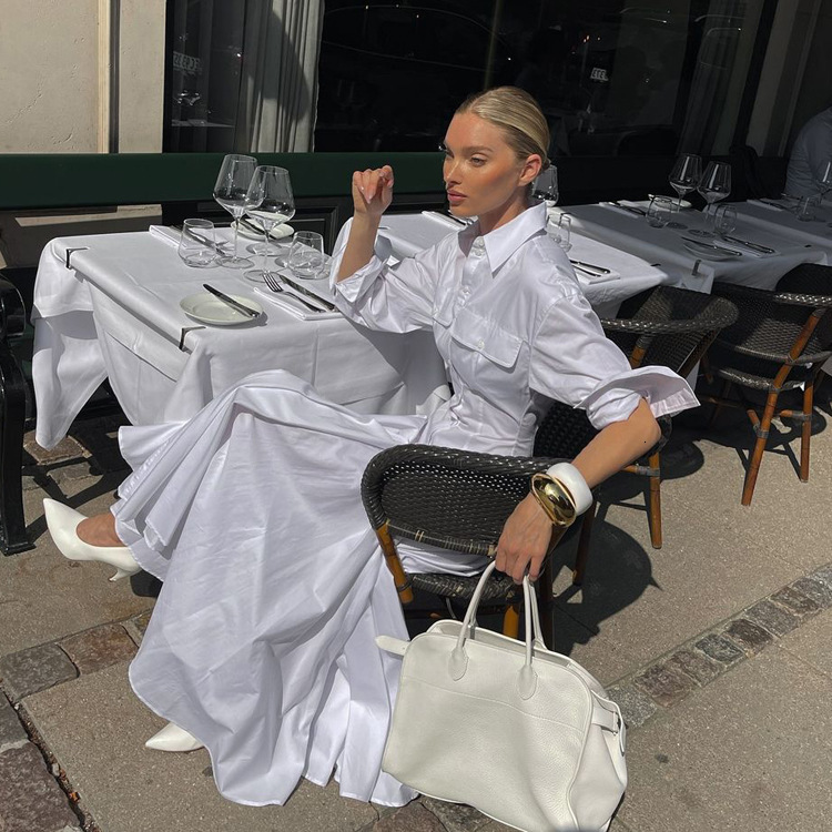 Designed Pleated Single-Breasted Shirt Autumn New Turn-Down Collar Sleeve free shipping High Waist Elegant White Long Dress