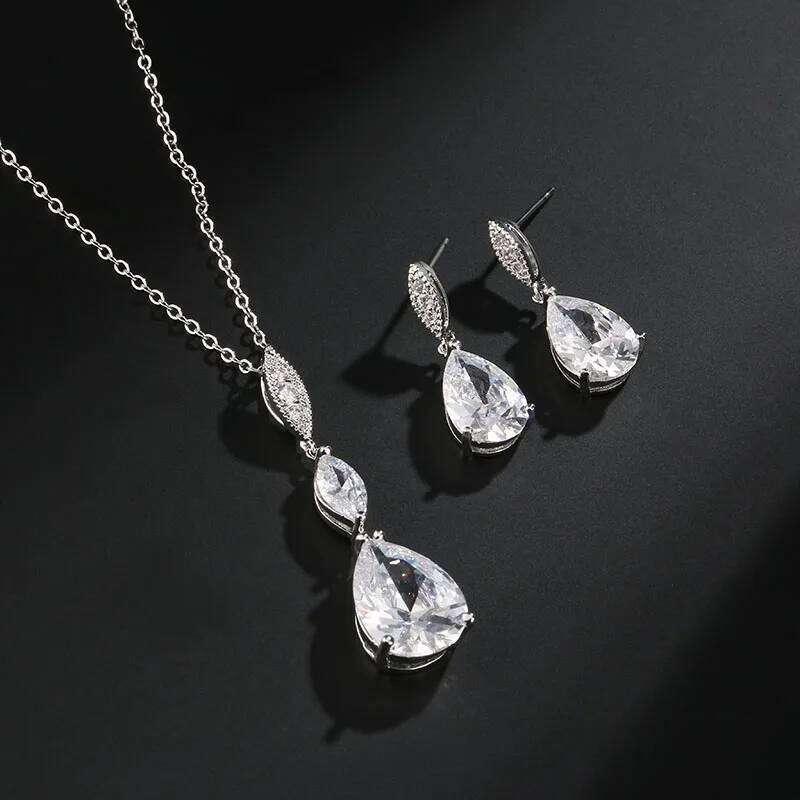 ZAKOL 2 Pcs Water Drop Zircon Earrings Necklace Wedding for Women Shining Crystal CZ Party Jewelry Set