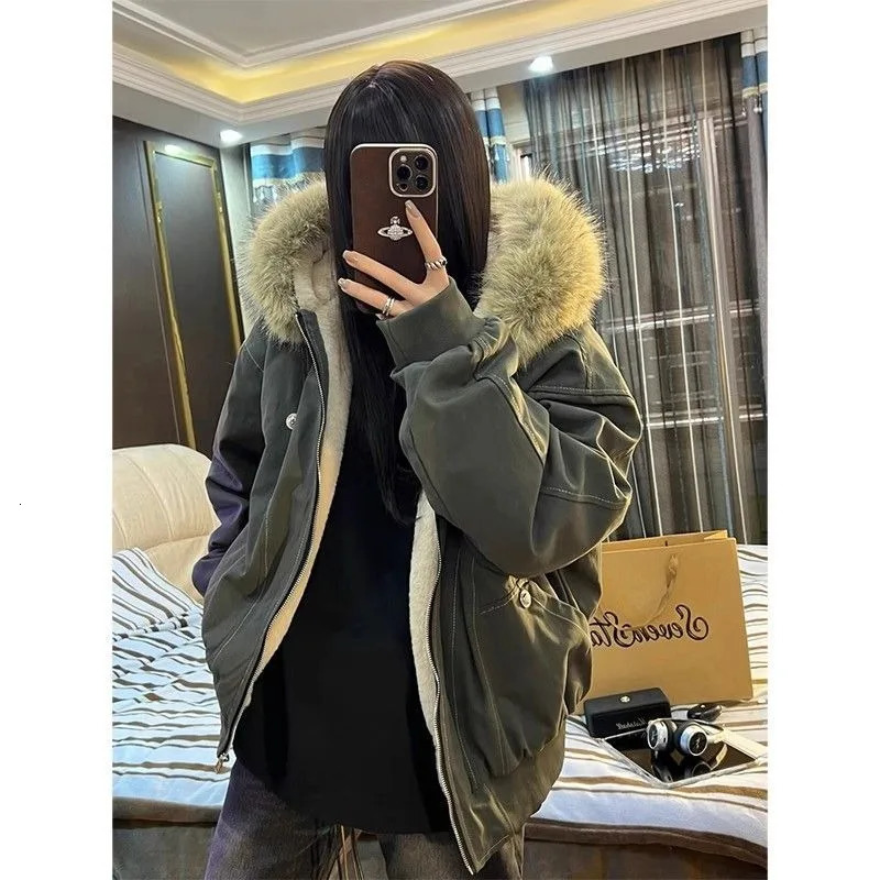American Street Fur Collar Zipper Hooded Jacket Women Autumn Winter Retro Velvet Thickened Warm Fashion Loose Casual Jacket 251223CJ