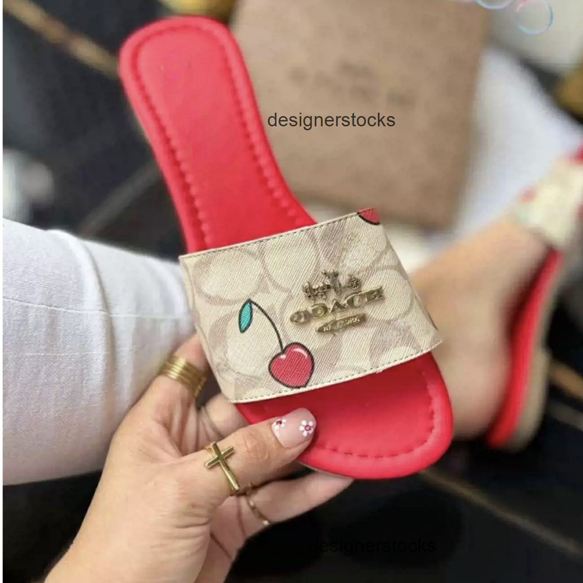 Vietnam Cambodia Nigeria Womens Slippers 25 Summer Cute Pink Cherry Print Flat Slide Sandals coacher coachs slides sandals coachshoes RE0R
