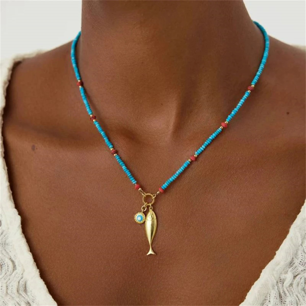 Stainless steel colored bead goldfish pendant bracelet necklace set with gold plating and color preservation 251223