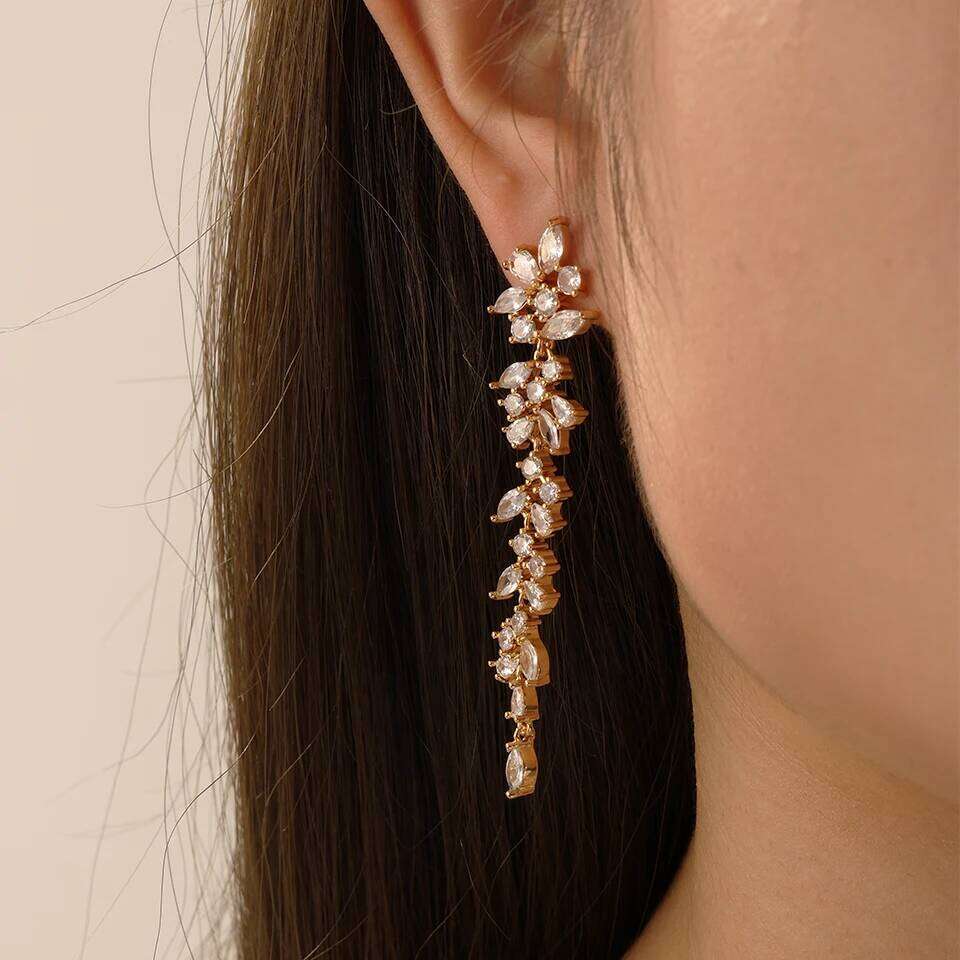 ZAKOL AAA Cubic Zirconia Leaf Long Dangle Earrings for Women Elegant Bridal Wedding Engagement Ear Accessories