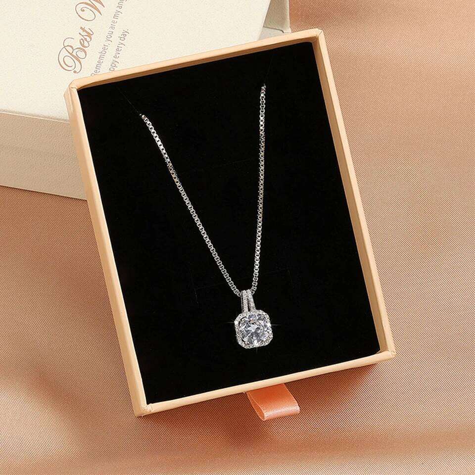 ZAKOL Simple Geometric Crystal White Zircon Pendant Necklace For Women Silver-Color Wedding Party Jewelry Gift With Box