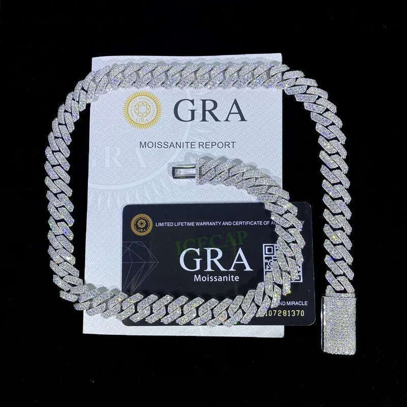 moissanite chain Icecap VVS Moissanite Diamond 925 Sterling Silver White Gold Plated Hip Hop Necklace 12mm Cuban Link Chain for Men