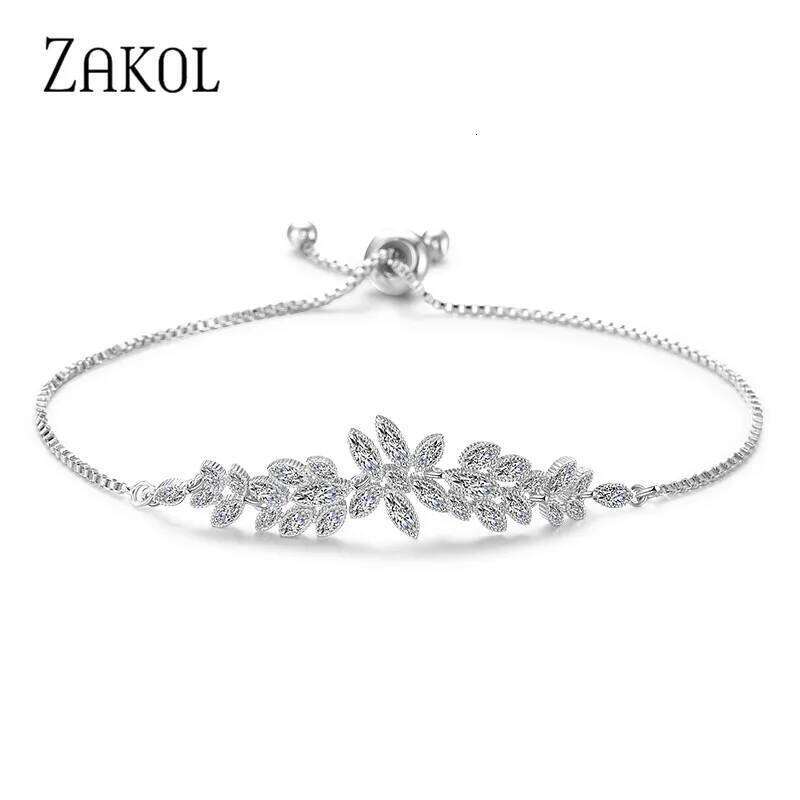 ZAKOL Fashion Zirconia Adjustable Bracelets for Women Men Exquisite Leaf Bangles Party Wedding Jewelry Gifts