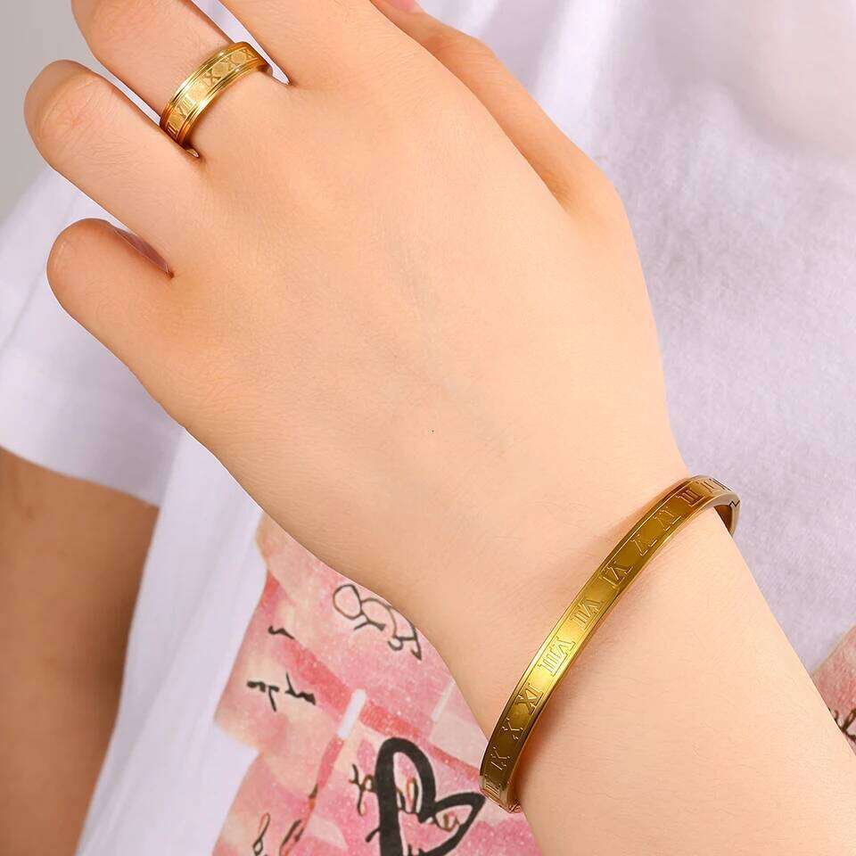 ZAKOL Trendy Roman Numeral Stainless Steel Bracelet Ring Set for Women And Men Minimalist Versatile Personalized Jewelry