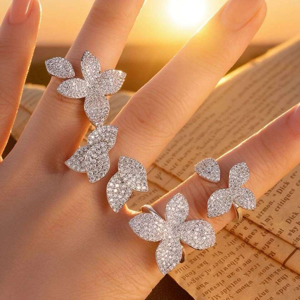 ZAKOL Classic Micro-inlaid Zirconia Leaf Flower Open Rings for Women Sliver/Gold Color Engagement Wedding Party Jewelry