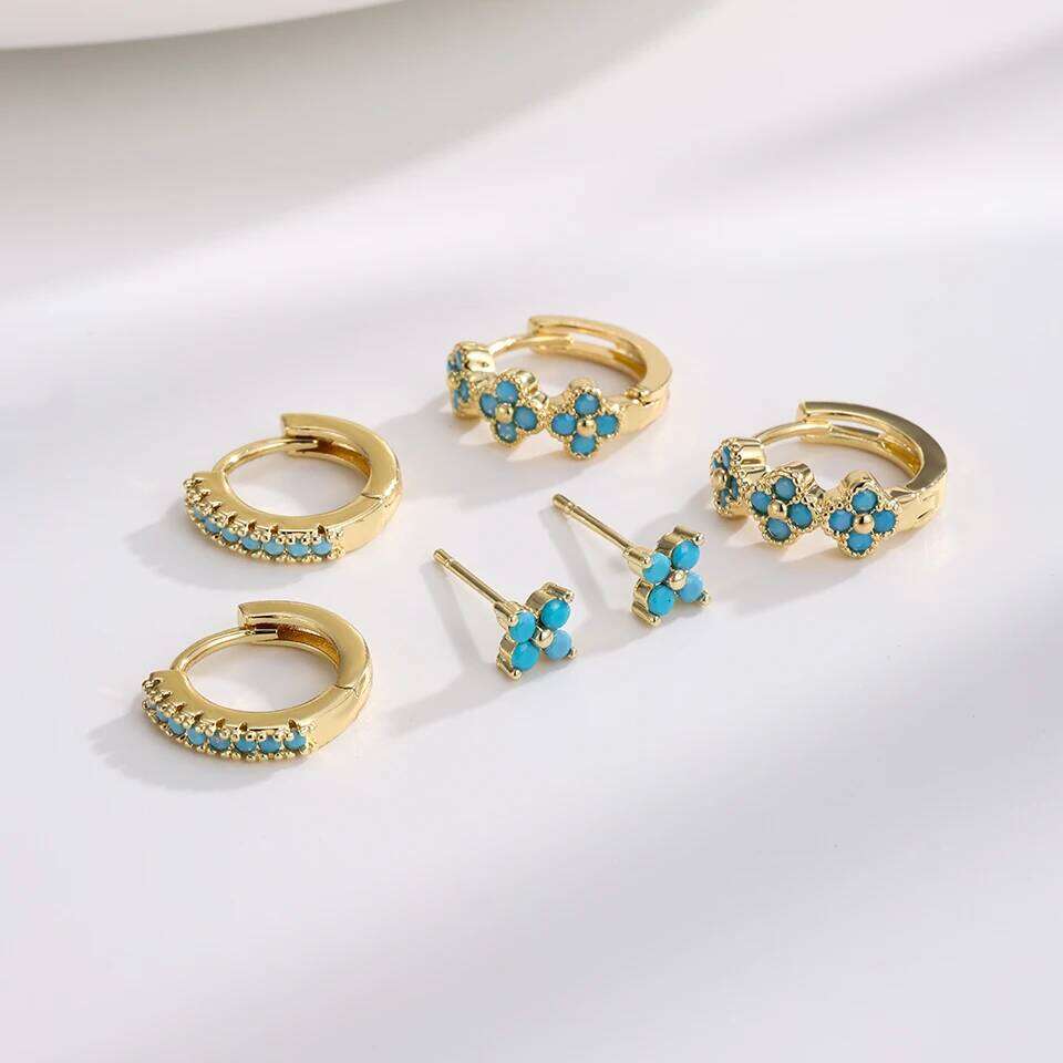 ZAKOL 6Pcs Fashion Blue Turquoise Series Hoop Earring Set for Women Girls Exquisite Shiny Zircon Jewelry Accessories Gift