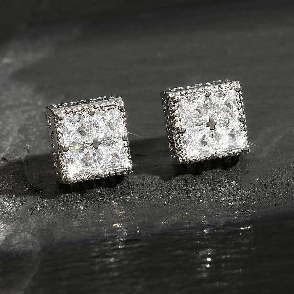 ZAKOL Rock Hip Hop Shiny Square Iced Out Stud Earring for Men Fashion White Gold Color Piercing Ear Accessories