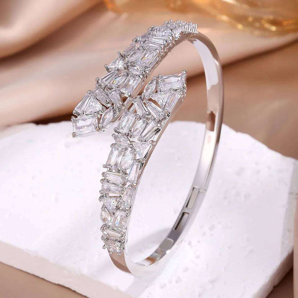 ZAKOL Shiny Brilliant Zircon Cross Leaves Open Bracelet for Women Luxury Elegant Dubai Bride Jewelry Accessories Party Gift